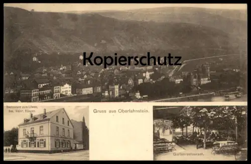 ALTE POSTKARTE GRUSS AUS OBERLAHNSTEIN RESTAURANT ZUM LÖWEN INH. HEINRICH HÜSGEN GARTENRESTAURANT Ansichtskarte postcard