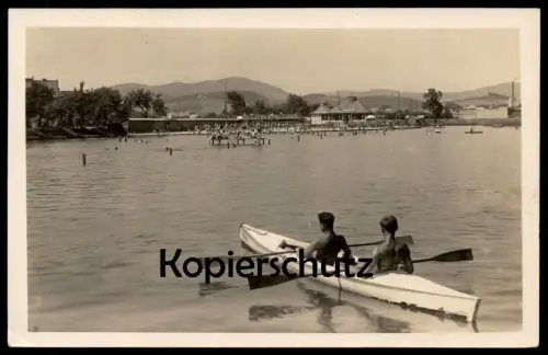 ALTE POSTKARTE STRANDBAD MÄHRISCH SCHÖNBERG MÄNNER KANU KLEPPER ? SEMI NUDE MEN MUSCELS Sumperk Mähren Ceska postcard