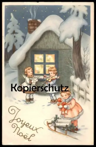 ALTE KÜNSTLER POSTKARTE ENGEL SPIELT GEIGE SCHLITTEN PUPPE VIOLINE violon violin Streicher Ansichtskarte postcard cpa
