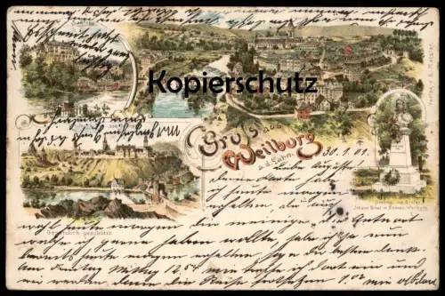 ALTE LITHO POSTKARTE GRUSS AUS WEILBURG AN DER LAHN DENKMAL GRAFEN NASSAU SCHLOSS VOR 300 JAHREN postcard Ansichtskarte