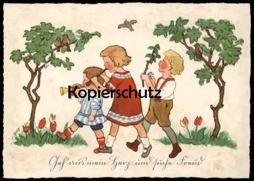 ALTE KÜNSTLER POSTKARTE GEH AUS MEIN HERZ UND SUCHE FREUD RENATE DRUDE BLOCKFLÖTE FLÖTE flute Kinder Mädchen Jungen AK