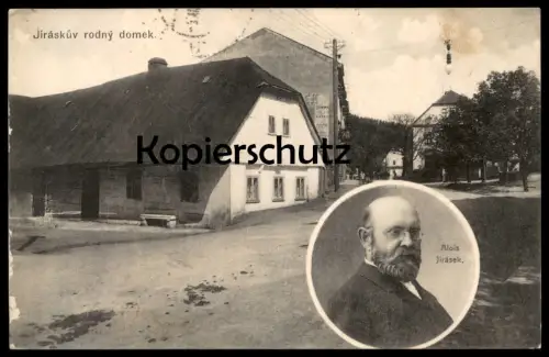 ALTE POSTKARTE JIRASKUV RODNY DOMEK ALOIS JIRASEK Reklame Sukna Satku Ceska Tschechische Repubilk Ansichtskarte postcard