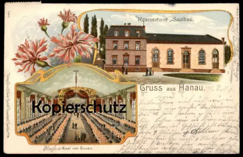 ALTE LITHO POSTKARTE GRUSS AUS HANAU RESTAURANT SAALBAU SAAL VON INNEN Verlag Rosenblatt Ansichtskarte AK cpa postcard