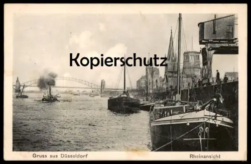 ALTE POSTKARTE GRUSS AUS DÜSSELDORF RHEIN RHEINANSICHT FRACHTSCHIFF cargo ship Kran grue crane postcard Ansichtskarte