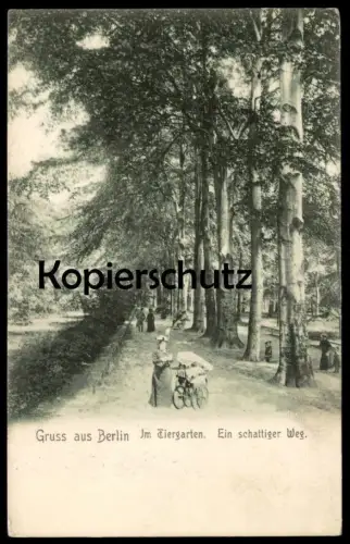 ALTE POSTKARTE GRUSS AUS BERLIN IM TIERGARTEN EIN SCHATTIGER WEG KINDERWAGEN Ansichtskarte cpa postcard AK