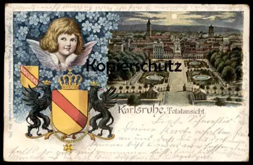 ALTE LITHO POSTKARTE KARLSRUHE WAPPEN FIDELITAS KRONE GREIF ENGEL TOTALANSICHT PANORAMA angel Ansichtskarte postcard cpa