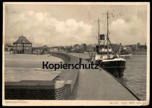 ALTE POSTKARTE BREMERHAVEN BLICK VON DER MOLE 1935 SCHIFF HOHEWEG Motorschiff Port harbour ship bateau postcard