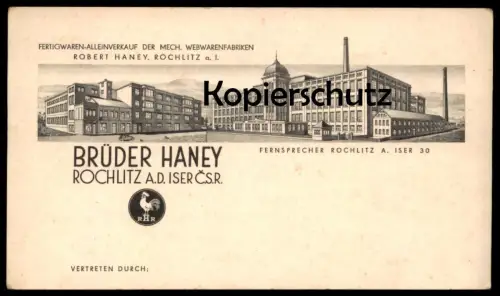 ALTE KARTE ROCHLITZ A. D. ISER BRÜDER ROBERT HANEY WEBWARENFABRIK ROKYTNICE Tschechische Republik ceska republika czech