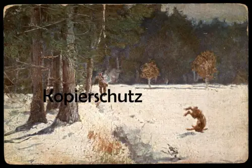 ALTE KÜNSTLER POSTKARTE JAGD IM SCHNEE HASE JÄGER hunting chasse chase chasseur hunter Gewehr Wild cpa postcard AK