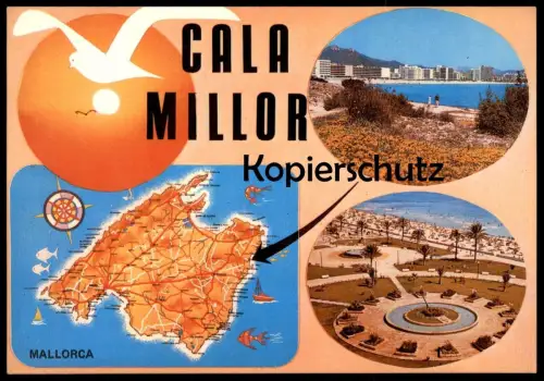 ÄLTERE POSTKARTE CALA MILLOR MALLORCA ISLAS BALEARES LANDKARTE Möwe map tarjeta postal postcard AK Ansichtskarte cpa
