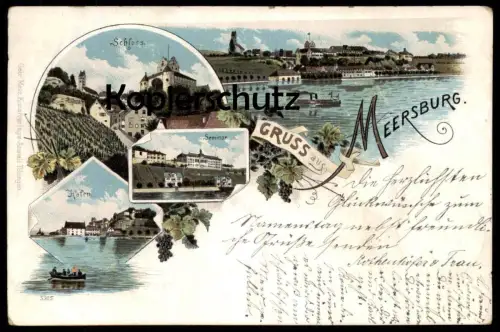 ALTE LITHO POSTKARTE GRUSS AUS MEERSBURG AM BODENSEE HAFEN SEMINAR TOTAL SCHLOSS Ansichtskarte postcard cpa AK