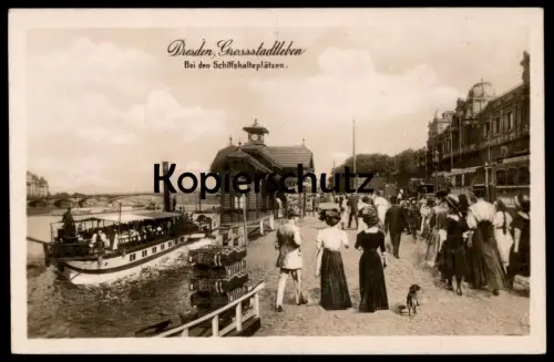 ALTE POSTKARTE DRESDEN BEI DEN SCHIFFSHALTEPLÄTZEN GROSSSTADTLEBEN HUND DACKEL FRAUEN women dog postcard Ansichtskarte