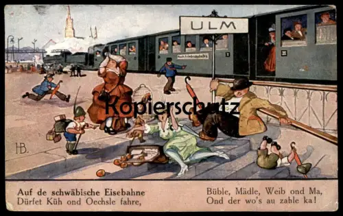 ALTE KÜNSTLER POSTKARTE ULM AUF DE SCHWÄBISCHE EISEBAHNE DÜRFET KÜH UND... sign. HB Eisenbahn Ansichtskarte postcard