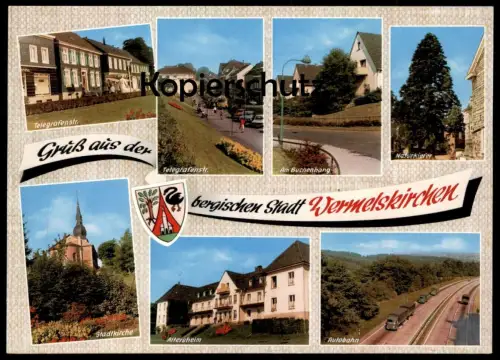 ÄLTERE POSTKARTE GRUSS AUS WERMELSKIRCHEN TELEGRAFENSTRASSE BUCHENHANG KIEFER AUTOBAHN LKW motorway highway autoroute AK