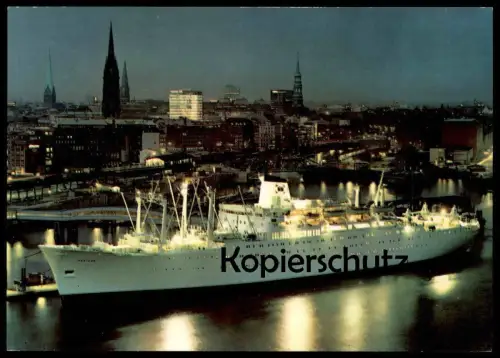 ÄLTERE POSTKARTE HAMBURG HAFEN UND STADTPANORAMA BEI NACHT FÄHRE SCHIFF PASTEUR ship at night port bateau postcard cpa