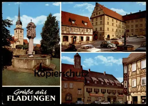 ÄLTERE POSTKARTE GRÜSSE AUS FLADUNGEN RHÖN KIRCHE RHÖNMUSEUM OBERE PFORTE VW KÄFER GASTHOF GOLDENER ADLER LÖWEN AK cpa