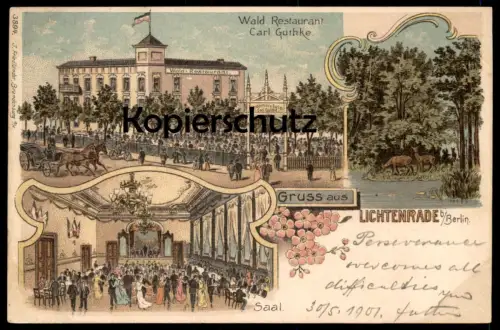 ALTE LITHO POSTKARTE GRUSS AUS LICHTENRADE BEI BERLIN WALD RESTAURANT CARL GUTHKE SAAL Kutsche Ansichtskarte postcard AK