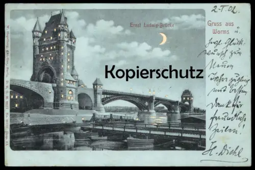 ALTE POSTKARTE GRUSS AUS WORMS ERNST LUDWIG BRÜCKE HALT GEGEN DAS LICHT VERLAG HAGELBERG hold to light cpa postcard AK