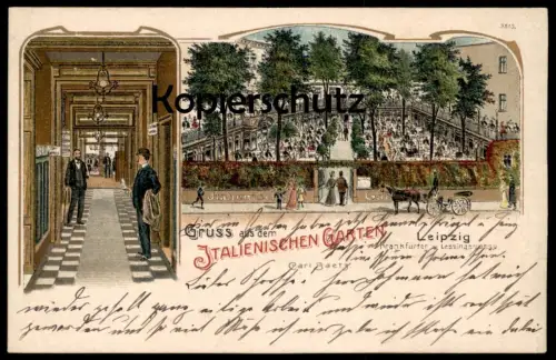 ALTE LITHO POSTKARTE LEIPZIG GRUSS AUS DEM ITALIENISCHEN GARTEN CARL BAETZ FRANKFURTER U. LESSINGSTRASSE Italienischer