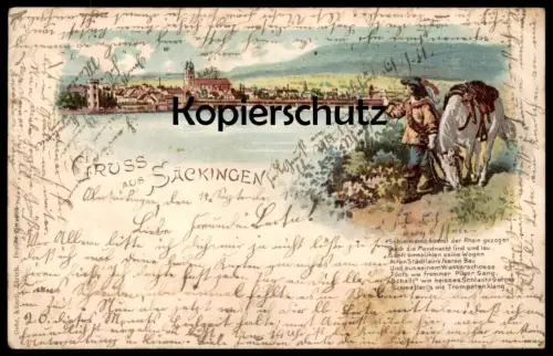ALTE LITHO POSTKARTE GRUSS AUS BAD SÄCKINGEN RHEIN WOGEN WASSER TROMPETER PFERD trumpet cpa postcard Ansichtskarte AK