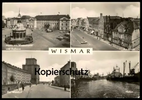 ÄLTERE POSTKARTE WISMAR VOR WENDORF AM MARKT MIT WASSERKUNST UND RATHAUS HAFEN Kaktus Briefmarke cactus stamp postcard