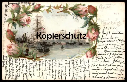 ALTE JUGENDSTIL LITHO POSTKARTE HAMBURG SEGELSCHIFFHAFEN SEGELSCHIFFE Schiffe Schiff sailing ship Ansichtskarte postcard