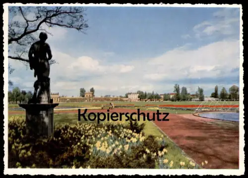 ALTE POSTKARTE KASSEL KARLSWIESE UND ORANGERIE BUNDESGARTENSCHAU MAI - OKTOBER 1955 BUGA Skulptur Ansichtskarte postcard