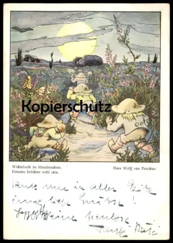 ALTE POSTKARTE WICHTELVOLK IM MONDENSCHEIN KÖNNTEN IRRLICHTER WOHL SEIN WICHTEL ZWERG EULE OWL HANS WOLFF VON PONICKAU