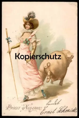 ALTE POSTKARTE PROSIT NEUJAHR FRAU SCHWEIN AM STRICK new year bonne année pig maitre cochon Ansichtskarte postcard cpa