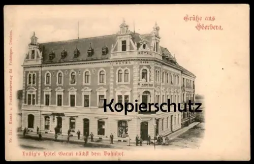 ALTE POSTKARTE ODERBERG SCHLESIEN LUSTIG'S HOTEL ALBERT HAAS GARNI NÄCHST DEM BAHNHOF BOHUMIN Tschechische Republik