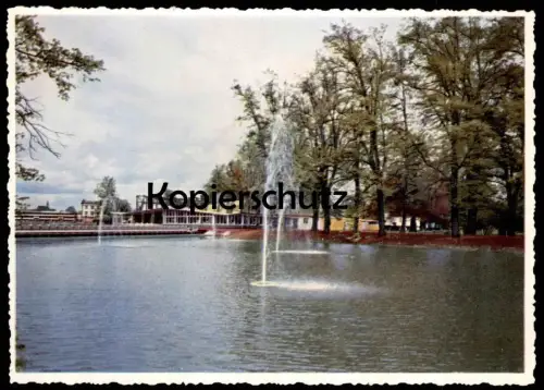 ALTE POSTKARTE KASSEL WASSERSPIELE MIT HAUPTGASTSTÄTTE UND ORANGERIE BUNDESGARTENSCHAU MAI - OKTOBER 1955 BUGA AK cpa