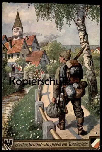 ALTE POSTKARTE SOLDAT IN DER HEIMAT DA GIEBT'S EIN WIEDERSEHEN GIBT ES WWI WELTKRIEG Patriotik Ansichtskarte postcard AK