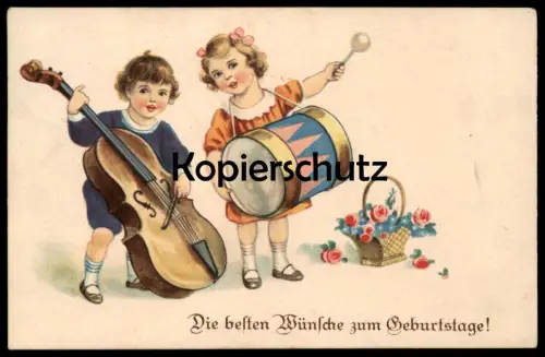 ALTE POSTKARTE DIE BESTEN WÜNSCHE ZUM GEBURTSTAGE KINDER GITARRE BASS TROMMEL MUSIK RECHTECKSTEMPEL STEESOW cpa postcard
