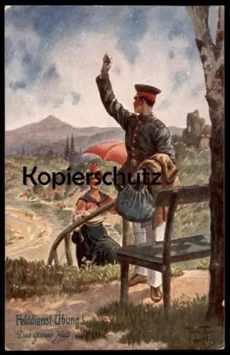 ALTE KÜNSTLER POSTKARTE ARTHUR THIELE FELDDIENST-ÜBUNG DAS GANZE HALT SOLDAT PAAR FRAU SCHIRM Ansichtskarte postcard cpa