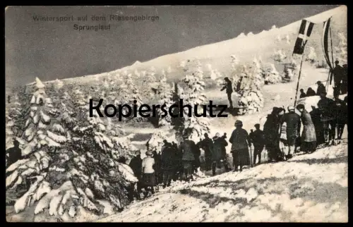 ALTE POSTKARTE WINTERSPORT AUF DEM RIESENGEBIRGE SPRUNGLAUF SKISPRINGEN Ski springen Skispringer Schlesien Karkonosze