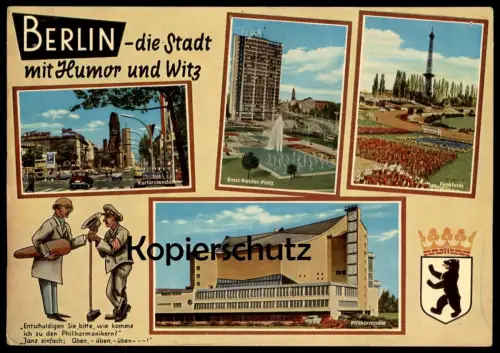 ÄLTERE POSTKARTE BERLIN DIE STADT MIT HUMOR UND WITZ WIE KOMME ICH ZU DEN PHILHARMONIKERN? ÜBEN ÜBEN... humour joke cpa