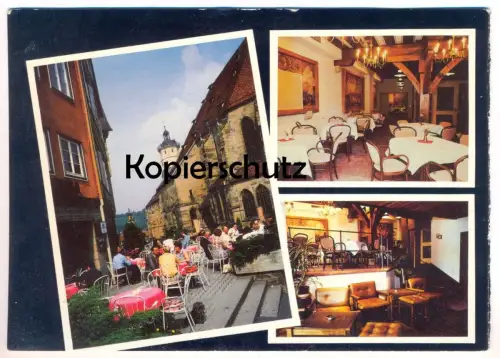 ÄLTERE POSTKARTE SCHWÄBISCH HALL CAFÉ SCHOLL HINTER DER MICHAELISKIRCHE AUSSENGASTRONOMIE INNENANSICHT AK cpa postcard