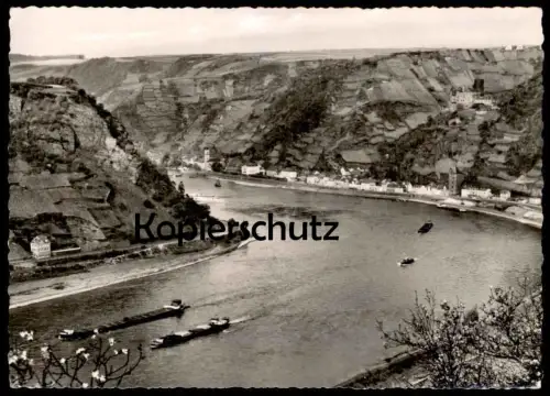 ALTE POSTKARTE BLICK VON DER LORELEY AUF ST. GOARSHAUSEN MIT BURG KATZ FRACHTSCHIFF RHEIN cargo ship St. Goar postcard