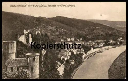ÄLTERE POSTKARTE NECKARSTEINACH MIT BURG SCHWALBENNEST IM VORDERGRUND PANORAMA NECKAR Ansichtskarte AK cpa postcard