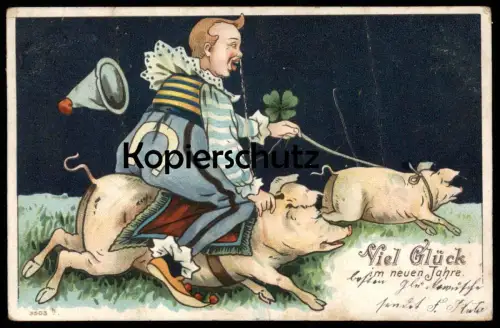 ALTE POSTKARTE CLOWN REITET AUF SCHWEIN STRICK VIEL GLÜCK IM NEUEN JAHRE new year bonne année pig maitre cochon postcard
