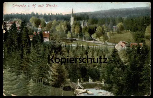 ALTE POSTKARTE SCHIERKE IM HARZ MIT KIRCHE 1911 PERSONEN AN DER BODE AK Ansichtskarte cpa postcard