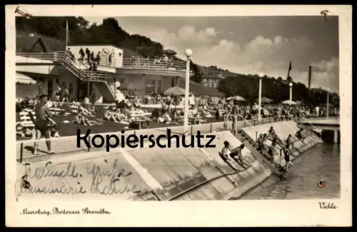 ALTE POSTKARTE MEERSBURG AM BODENSEE STRANDBAD 1943 BAD MÄNNER FRAUEN BADEMODE VAHLE Ansichtskarte AK postcard cpa
