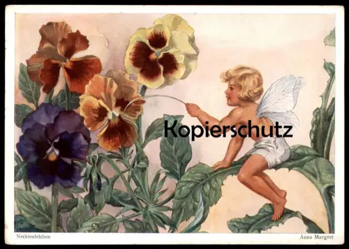 ALTE POSTKARTE NECKTEUFELCHEN ELFE BEI STIEFMÜTTERCHEN BLUMEN ANNA MARGRET pansy flower elf Ansichtskarte postcard cpa