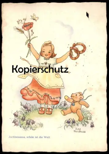 ALTE POSTKARTE MÄDCHEN MIT BLUME BREZEL KIND TEDDY BÄR 1935 SIGN. ILSE NORDHAUS enfant child postcard cpa