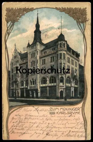 ALTE JUGENDSTIL POSTKARTE KARLSRUHE ZUM MONINGER GASTSTÄTTE RESTAURANT Jugendstilkarte cpa postcard AK Ansichtskarte