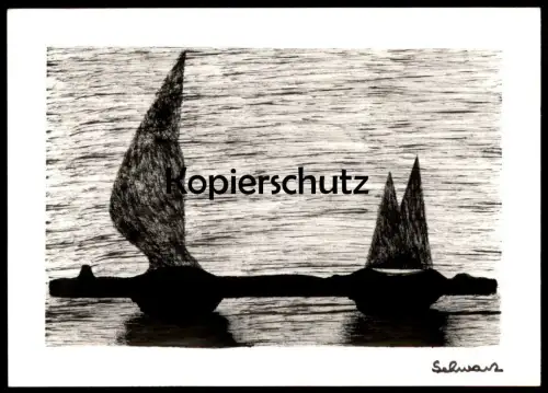 ÄLTERE KÜNSTLER POSTKARTE SEGELBOOTE BOOTE SEE MEER SCHWARZ LINOLSCHNITT Linol boat AK Ansichtskarte postcard cpa