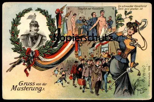 ALTE KÜNSTLER POSTKARTE GRUSS VON DER MUSTERUNG ARTHUR THIELE SCHMUCKER KAVALLERIST nackt nude man postcard cpa