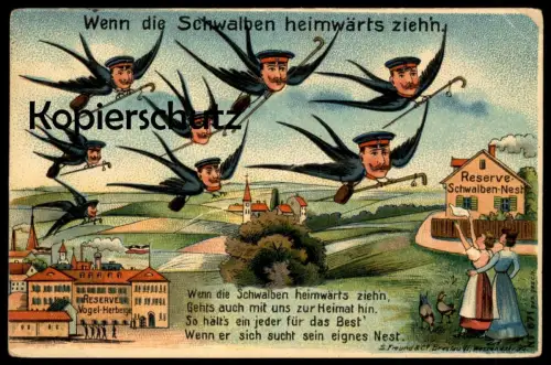 ALTE POSTKARTE SOLDATEN RESERVE WENN DIE SCHWALBEN HEIMWÄRTS ZIEH'N ZIEHN ZIEHEN VOGEL-HERBERGE MILITÄR montage photo AK