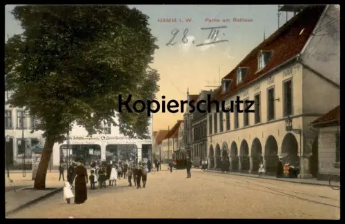 ALTE POSTKARTE HAMM IN WESTFALEN PARTIE AM RATHAUS DÜRSELEN & KELLER SPEZIALGESCHÄFT FÜR GAS UND ELEKTRISCHE...