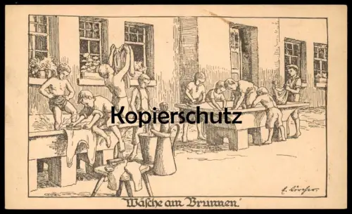 ALTE KÜNSTLER POSTKARTE WÄSCHE AM BRUNNEN ELISABETH LÖRCHER WELTKRIEG Andacht Gottesdienst Ansichtskarte postcard